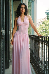 Solid Halter V Neck Boning Waist Mesh Maxi Dress