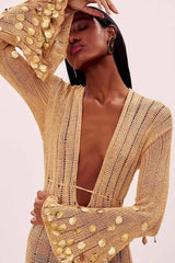 V Neck Belted Sequin Knit Maxi Dress