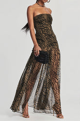Strapless Zebra Sheer Slit Maxi Dress