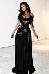 Draped Off Shoulder Lace Slit Maxi Dress