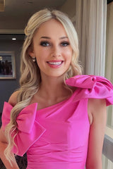 Hot Pink One Shoulder Sheath Homecoming Dress with Bows