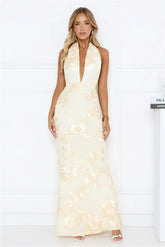 Daydream Kiss Halter Mesh Maxi Dress Yellow