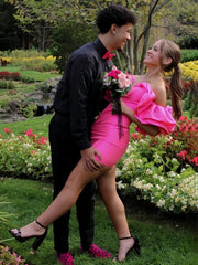 Hot Pink - Off the Shoulder Satin Tight Homecoming Dresses With Puffy Sleeves