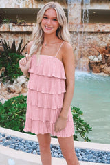 Green Spaghetti Strap Ruffle Tiered Pleated Party Dress