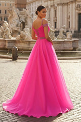 Hot Pink Beaded Cold-Shoulder A-Line Prom Dress