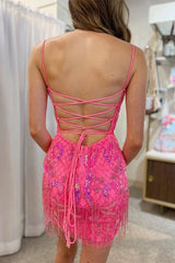 Hot Pink Sequin Embroidered Lace-Up Mini Party Dresses with Fringes
