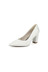 Ivory Lace High Heels with Wooden Heel