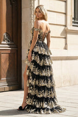 Gold Off the Shoulder Sequin Long Prom Dress with Slit