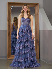 Grey Blue Princess A Line Spaghetti Straps Corset Prom Dress with Lace Ruffles