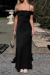 Satin Off Shoulder Backless Tie Cami Maxi Dress