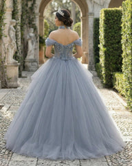 Grey Blue Ball Gown Off The Shoulder Lace-Up Back Quinceanera Dress