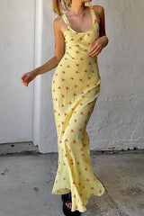Casual U Neck Floral Print Ruched Cami Maxi Dress