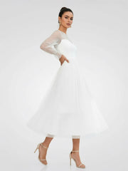 Elegant A-Line Long Sleeve Tea Length Wedding Dresses