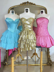 Gold - Strapless A Line Metallic Tiered Homecoming Dress With Beading