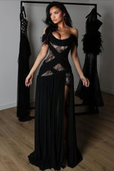 Sexy Lace Patchwork Cutout Sheer Slit Maxi Dress