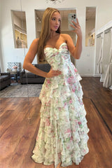 Ivory Sweetheart A Line Floral Chiffon Ruffled Formal Prom Dresses With Slit