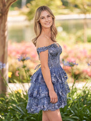 Grey Blue - A-Line Sweetheart Tiered Short Homecoming & Cocktail Dresses
