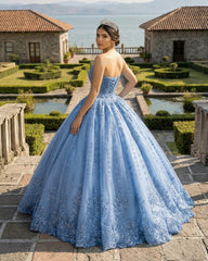 Gorgeous Blue Sleeveless Strapless Ball Gown Quinceanera Dresses