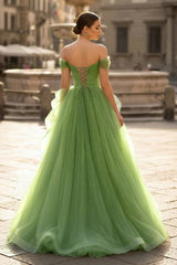 Green A-Line Off Shoulder Long Prom Dress Lace Long Evening Dress
