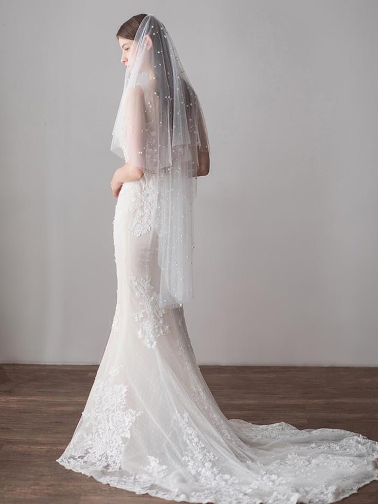 Hip Length Ivory Tulle Wedding Veils with Pearl Drop Veil