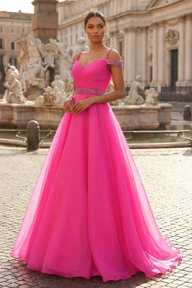 Hot Pink Beaded Cold-Shoulder A-Line Prom Dress
