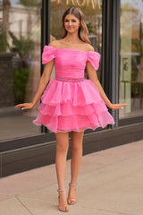 Hot Pink Off-the-Shoulder Ruffle Short Homecoming Dress