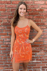 Hot Pink Sequin Embroidered Lace-Up Mini Party Dresses with Fringes