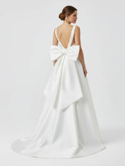 Ivory A-Line Deep V-Neck Long Wedding Dress with Bowknot