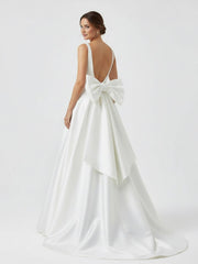 Ivory A-Line Deep V-Neck Long Wedding Dress with Bowknot