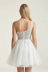 Ivory One-Shoulder Lace Appliqued Tulle Graduation Dress