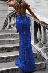 Lace-Up Mermaid Long Gold Prom Dress with Sequins