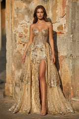 Gold Sweetheart A-Line Lace Long Prom Dress With Split