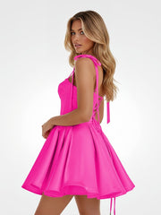 Hot Pink – Spaghetti Straps Pleated Satin A-Line Homecoming Dress with Bow