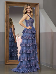Grey Blue Princess A Line Spaghetti Straps Corset Prom Dress with Lace Ruffles