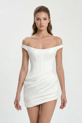 Ivory Off-the-Shoulder Corset Sheath Satin Graduation Dress